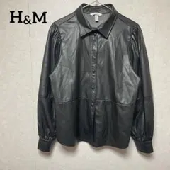 H&M エイチアンドエム フェイクレザー シャツジャケット 黒 パフ袖(M)