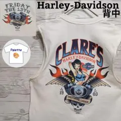 ハーレーダビッドソン　ノースリーブ　ガール　スカル　ワンポイント　白系　S