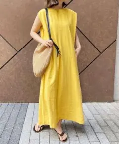 スピックアンドスパン麻レーヨン ノースリーブ ロングワンピース 黄色　36のサムネイル