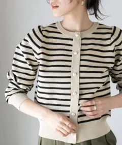 ナノユニバース◆ライトスポンディッシュパールボタンカーディガン/ボーダー柄◆F