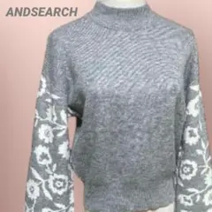 ANDSEARCH長袖ニットセーター　ハイネック　花柄　ベル袖 グレー/M