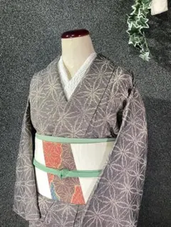 秋の紅葉や高原のお出かけに！紬　葉紋　正絹　袷