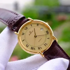 稼働 EDOX クォーツ 腕時計 ゴールド文字盤 レザーベルトのサムネイル