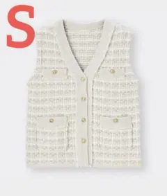 GU S チュニックニットジレ　ツイードニット　ホワイト　フリンジニットベスト