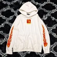 エクストララージ　刺繍ロゴ ファイヤーパターン パーカー ホワイト　白　M