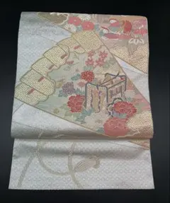 高級 正絹 袋帯 礼装 フォーマル 洒落帯　佐賀錦　花柄　金銀糸　扇子　405