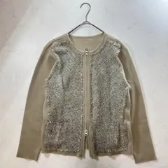 Otto ツイード切替ニットジャケット LL ベージュ ジップカーデ 大人上品