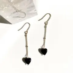再販♡天然石オニキスのハート一粒チェーンピアス