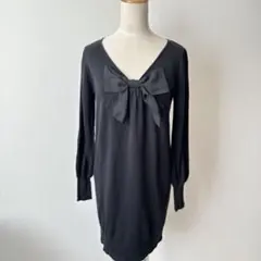 BIGリボン付き黒ニットワンピース　長袖セーター　姫ギャル　平成ギャル　y2k