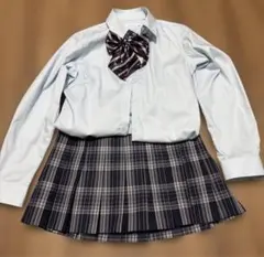 制服コスプレ　水色ボタンダウンシャツ チェックスカート リボン 3点セット