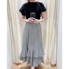 ?INGNI イング 裾フリルギンガムチェックスカート ブラック