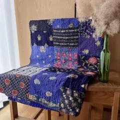 未使用❁エンブロイダリー　ネイビー　パッチワークカンタキルトマルチカバーラグ
