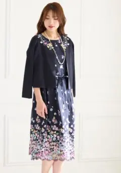 【美品】ローズティアラ ケミカルレース フリル セットアップ ネイビー 42 美品】ローズティアラ ケミカルレース フリル セットアップ