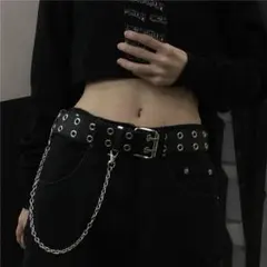スタッズベルト ダブルピン ビンテージ 古着風 チェーン付 ブラック 黒
