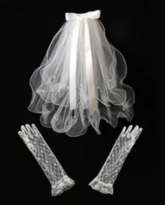 ホワイトチュールウェディングベール　コーム付き　ウェーブ　手袋つき