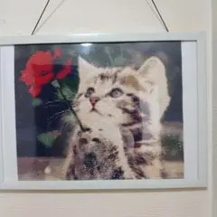 猫と赤い花のダイヤモンドアート完成品