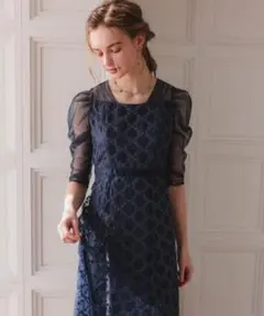 新品　今季　Lサイズ　ドリードール　ダイヤフラワーレースドレス　ネイビー　紺色