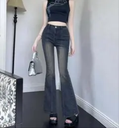 DAZY ダークブルー ハイウエスト フレアデニムパンツ