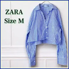 ザラ ストライプ クロップドシャツ ブラウス M ショート 青 白 羽織 長袖