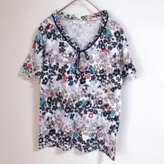 【Brolly】（L）フリル×りぼん付き花柄半袖カットソー/Tシャツ/Ｖネック
