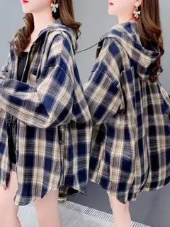 フード付きチェック柄オーバーサイズシャツ