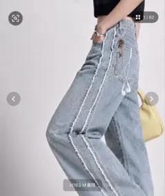 サイドフリンジ ワイドデニムパンツ ブルー Mサイズ相当のサムネイル