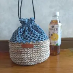 巾着バック　ブルー系A 麻紐
