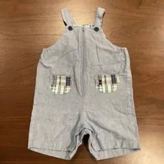 ミキハウス　ライトブルー オーバーオール 90cm チェックポケット