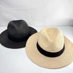 ストローハット ベージュ 黒 帽子