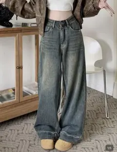 未使用 ダークブルー ワイドレッグデニム