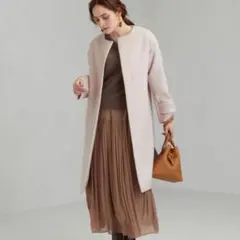 グリーンレーベル アンゴラ ウール ノーカラーロングコート ピンクベージュ 36