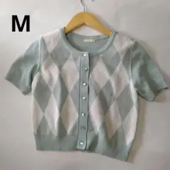 GU　ジーユー　半袖　カーディガン　アーガイル柄　パステルグリーン　サイズM