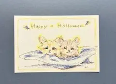 原画　色鉛筆画　ハロウィン　猫　ポストカード