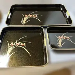 未使用】柳山作 お盆 （トレー）3点セット 椿柄 輪島塗 美術漆器
