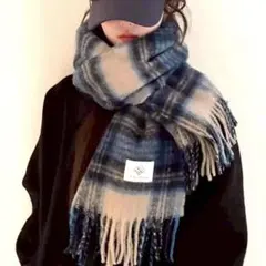 大判マフラー ショール【ブルー】チェック カシミア風　男女兼用　防寒　暖かい