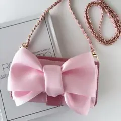 リボンスマホショルダー スマホポーチ ピンク 手帳型スマホケーショルダーチェーン