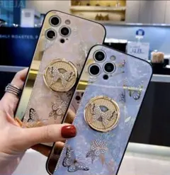 iPhone12ProMaxケース　ピンク　 ホログラム的大理石カラー　リング付