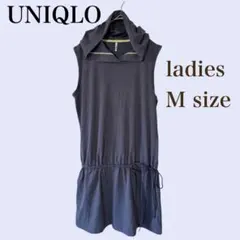 ユニクロUNIQLO.フード付きノースリーブチュニックワンピース.M.ネイビー紺