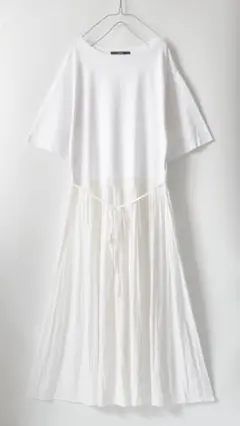 美品 Munich:Tシャツ×デシンプリーツスカート 異素材切替えワンピース