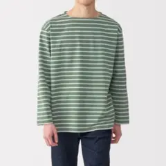 無印良品　太番手ボートネック九分袖Tシャツ　紳士L/スモーキーグリーンボーダー