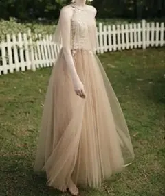 ブライズメイドドレス ピンクベージュ チュール刺繍パーティードレス