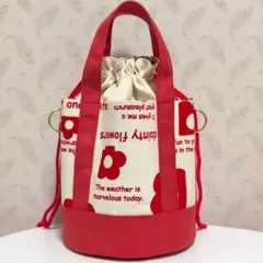 朱色と英字デイジー　丸底　巾着 トートバッグ ハンドメイド