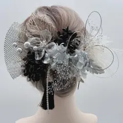 ディップアート　髪飾り　成人式　卒業式 白　黒　ゴールド　シルバー　水引チュール