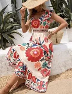 値下げ中　フラワー柄　ロングワンピース　M