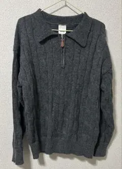 襟付きハーフジップ メンズ リブニット グレー シンプル 古着風 秋冬トップス