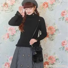 青木美沙子　しまむら　ニナス　袖レースリブニットプルオーバー　ブラック S