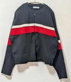 MANGO ジップアップ ニットブルゾン L 黒×赤 切替 MANGOのサムネイル