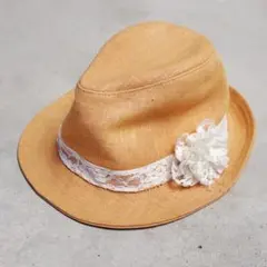 オレンジ色 フェドラハット レース装飾　花