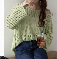 メッシュ編み 長袖ニット トップス ライトグリーン　discoat