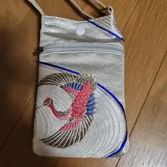帯リメイク スマホショルダーバッグ 鶴柄 ハンドメイドのサムネイル